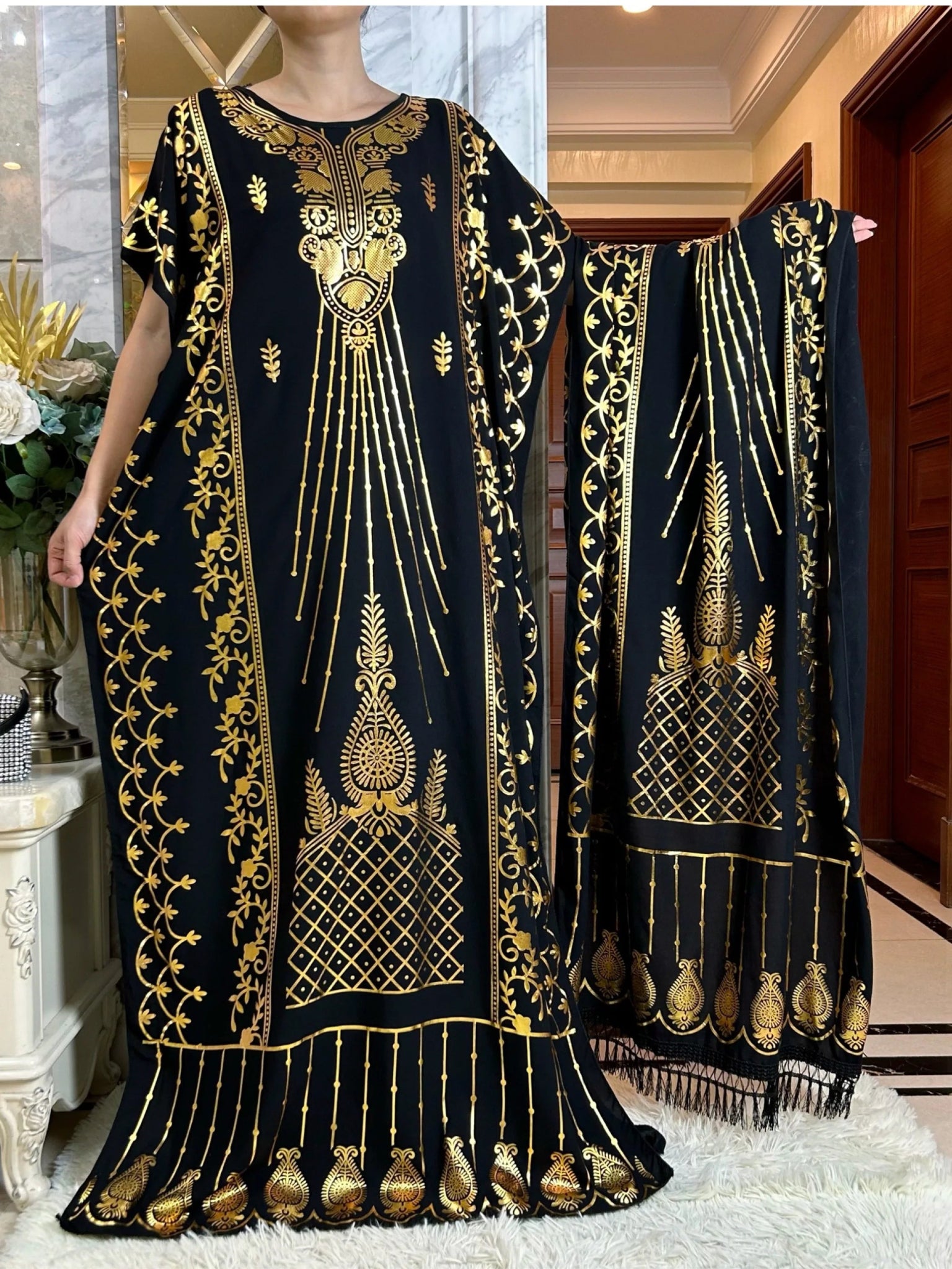 Summer Maxi Dress: Cotton with Gold Stamping, Short Sleeves, and Matching Big Scarf - Flexi Africa - www.flexiafrica.com