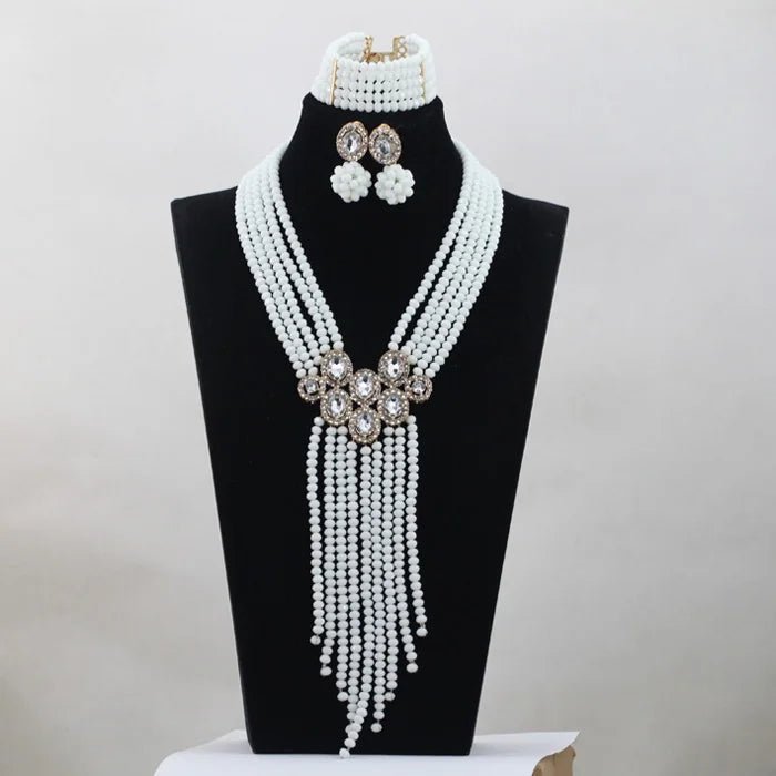 Trendy Blue Crystal Jewelry Set – Long Beaded Necklace for Women, African Bridal Wedding Jewelry - Free Delivery Worldwide only at Flexi Africa