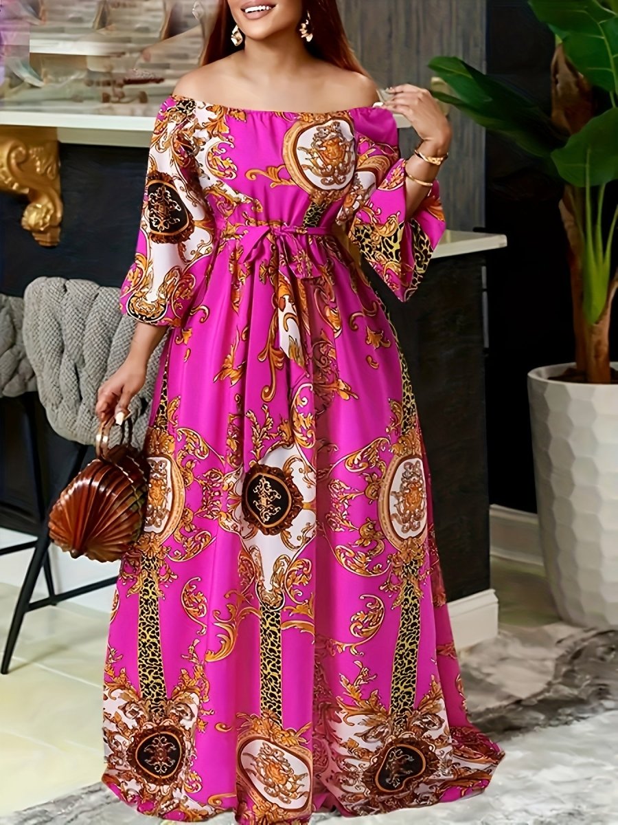 Tribal Print Off - Shoulder Belted Dress – Vintage Ruffle Hem Swing A - Line with Lantern Sleeves, Women's Fashion - Free Delivery Worldwide only at Flexi Africa