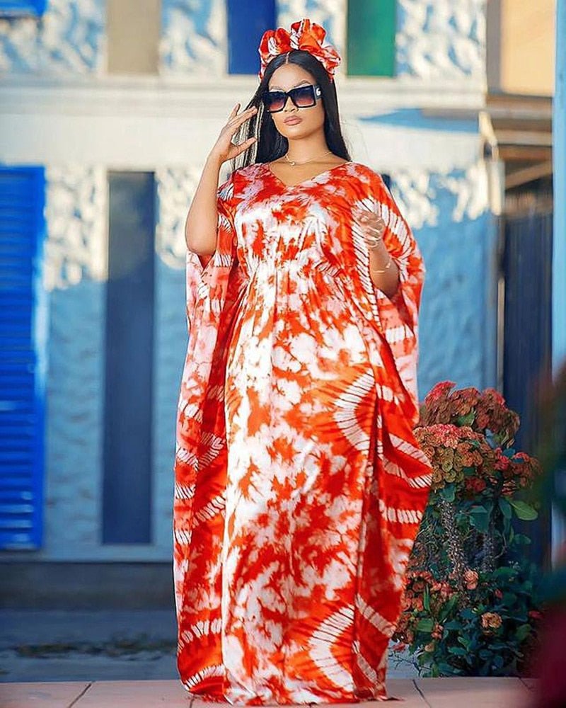 Vibrant Summer Elegance: Purple Orange African Print Dresses for Women - Half Sleeve, V-neck, Polyester - Flexi Africa