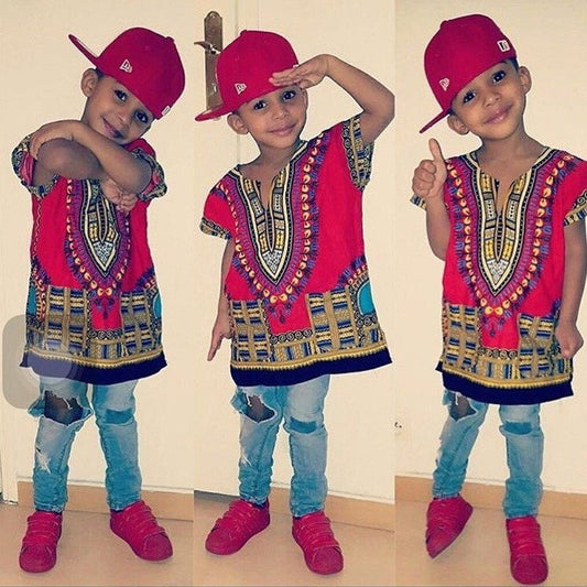 Vibrant Traditional African Print Dashiki T-shirts: Stylish Fashion Designs for Kids - Flexi Africa - Free Delivery Worldwide