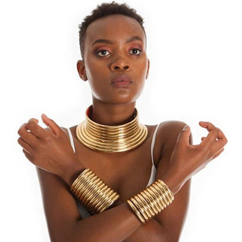 Vintage Gold Statement Choker Necklace Set - Leather African Jewelry with Torques Collar and Maxi Pendant - Free Delivery