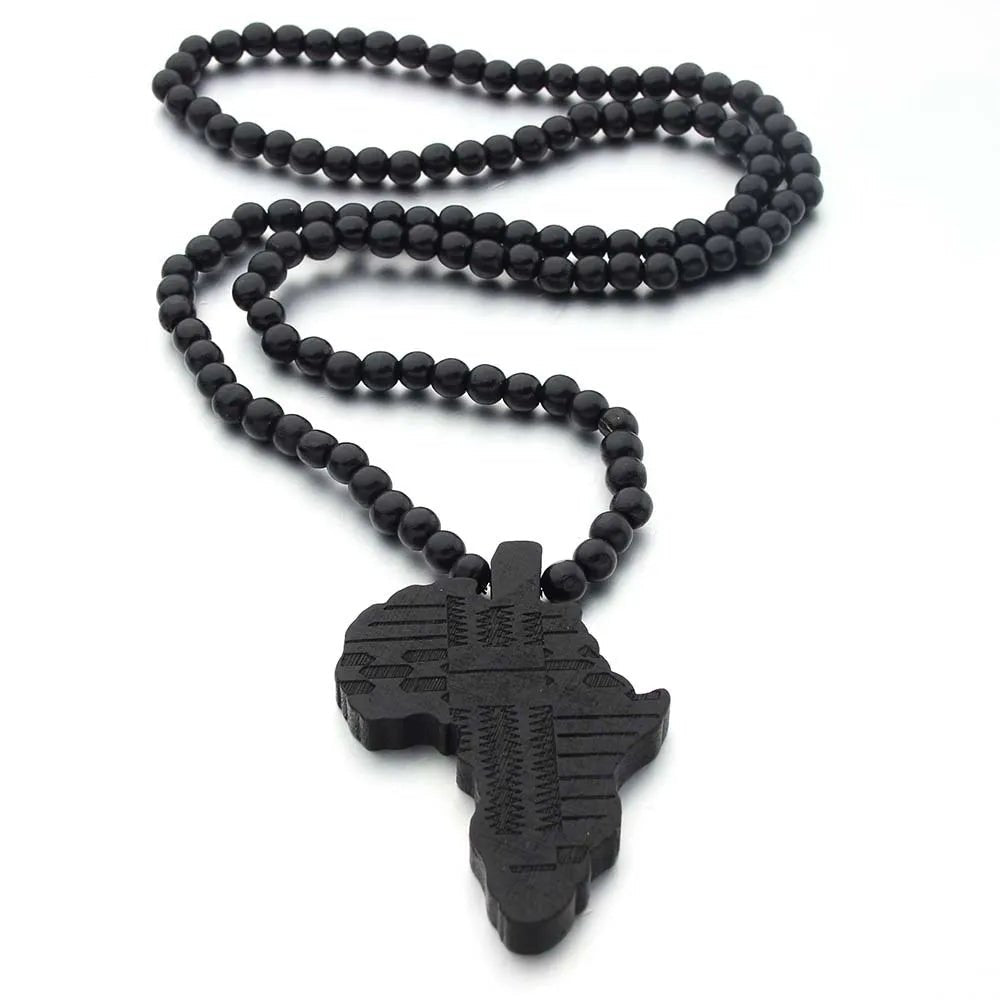 Unisex Africa Map Wooden Pendant Necklace with Beaded String - Hip Hop Jewelry - Free Delivery Worldwide only at Flexi Africa