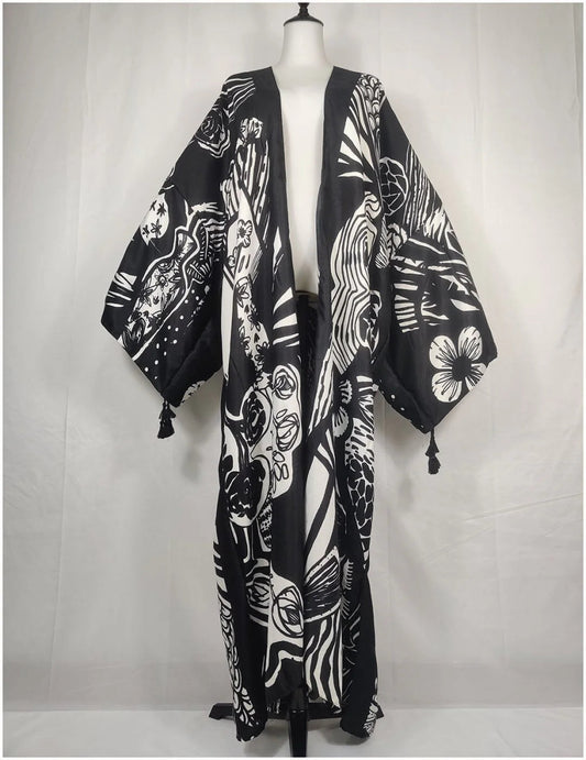 Women Casual Floral Kimono Dress Perfect for Beach Days African Swimwear in Vintage Inspired Open Front Kaftan Style - Free Delivery Worldwide only at Flexi Africa