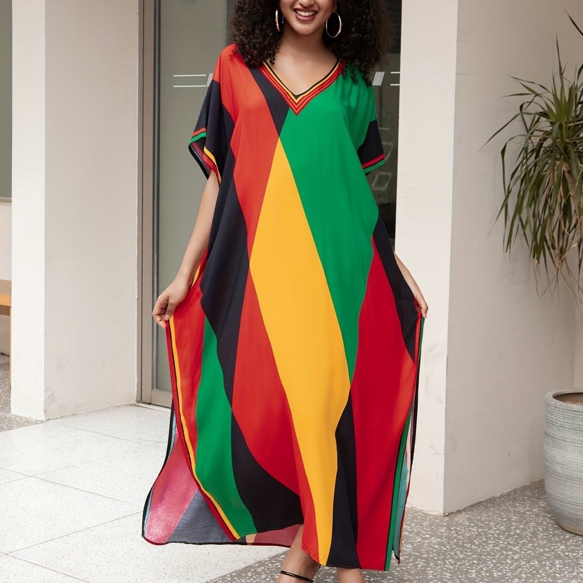 Women's Boho Style Cover Up, Plus Size V Neck Contrast Color Loose Fit Vacay Beach Kaftan Dress - Free Delivery Worldwide only at Flexi Africa