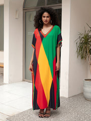 Women's Boho Style Cover Up, Plus Size V Neck Contrast Color Loose Fit Vacay Beach Kaftan Dress - Flexi Africa - Free Delivery Worldwide only at www.flexiafrica.com