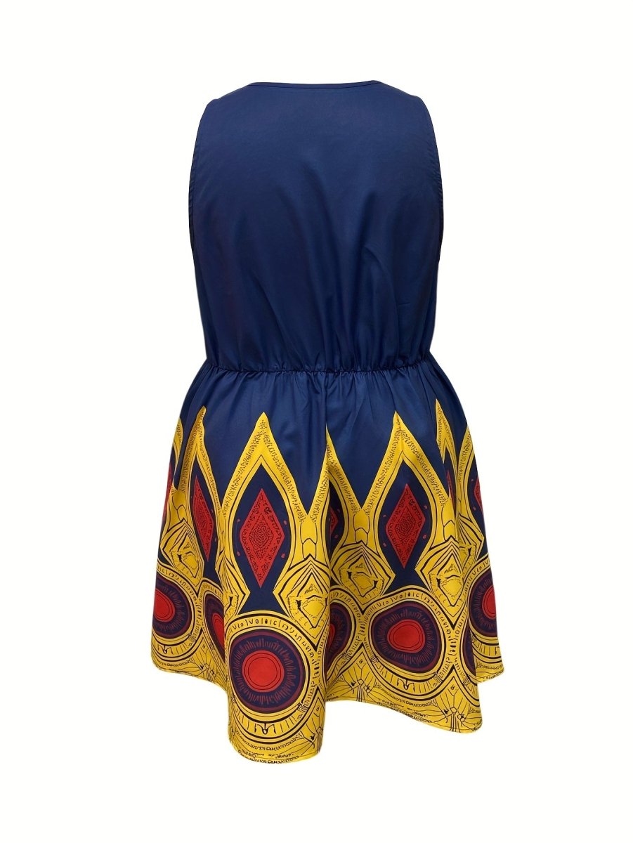 Women'S Vibrant Geometric Print Sleeveless V - Neck Dress - Polyester, Non - Stretch, All - Season Fashion, Casual Street Style, Casual Attire | Vibrant Print Dress | Polyester Dress - Free Delivery Worldwide only at Flexi Africa